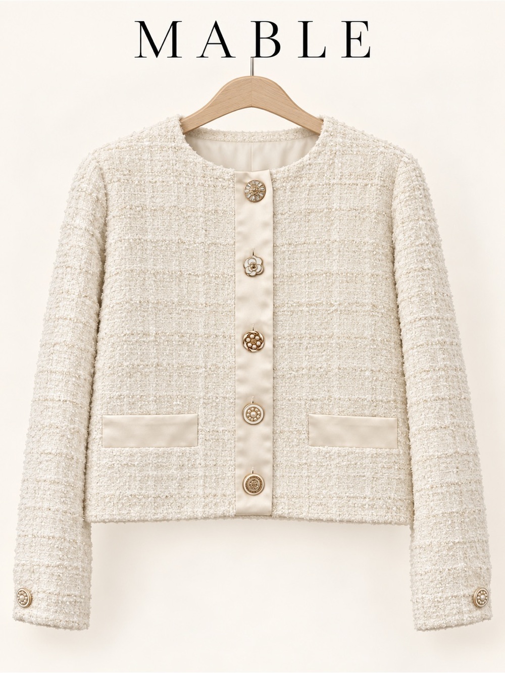 NWT Mable Cream Gold Bouclé Tweed Jeweled Button Blazer Jacket L